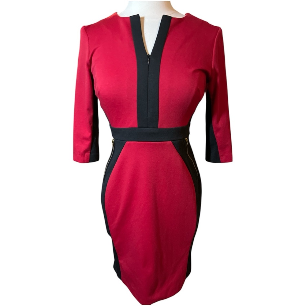 Gabby Skye Modern Red & Black Color-block Body con 3/4 Sleeve Dress zip detail 4